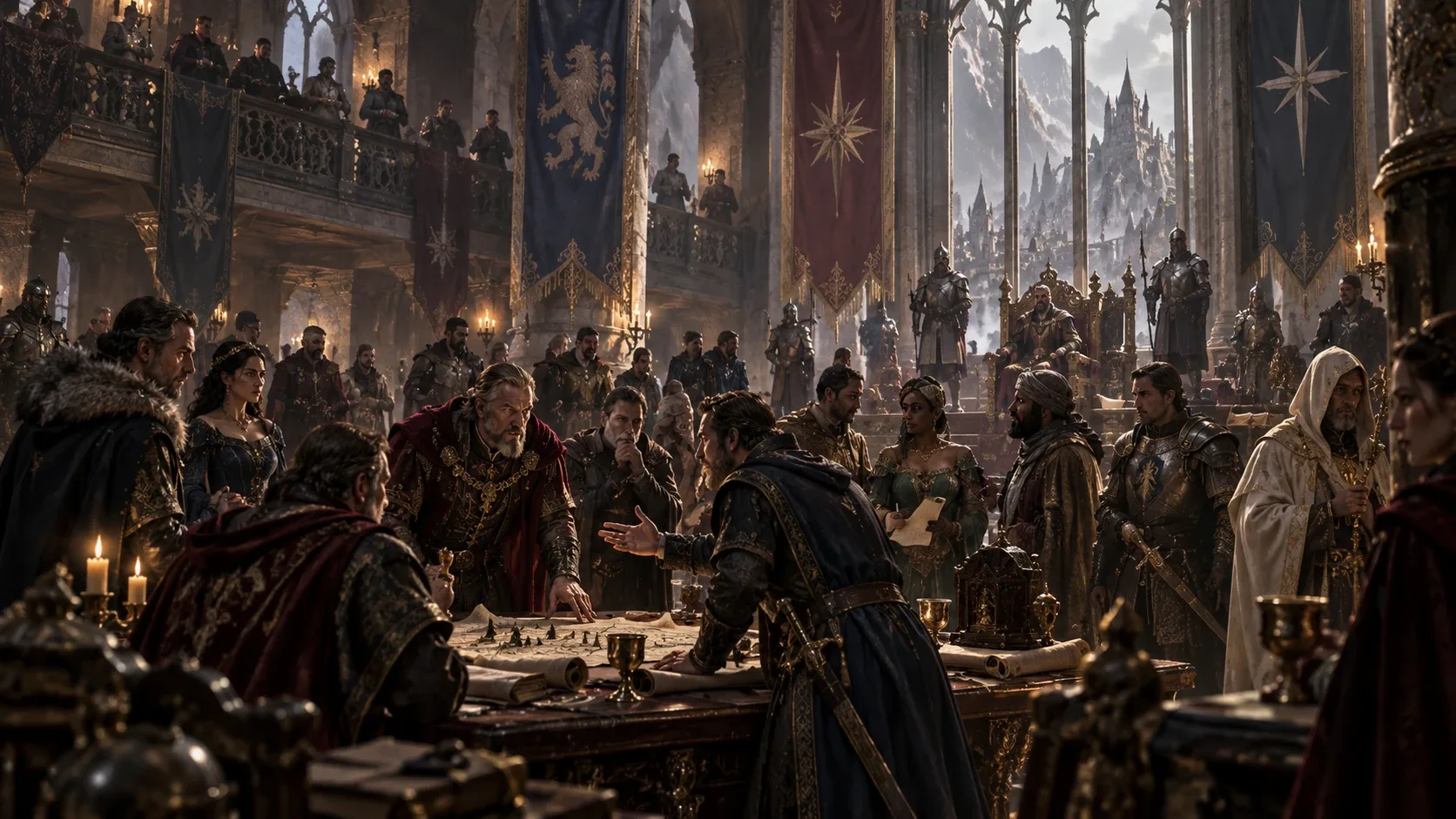 A council of nobles, knights and envoys argues over a map table in a banner-hung hall.