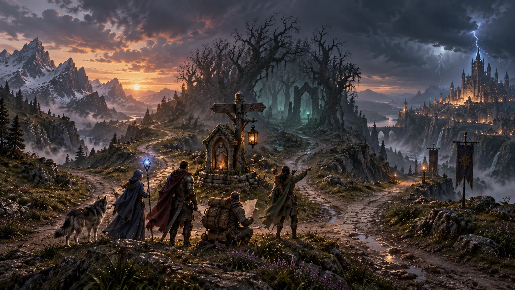 A party of adventurers stops at a shrine where one road climbs to the mountains, one enters a haunted wood and one leads to a lit city.