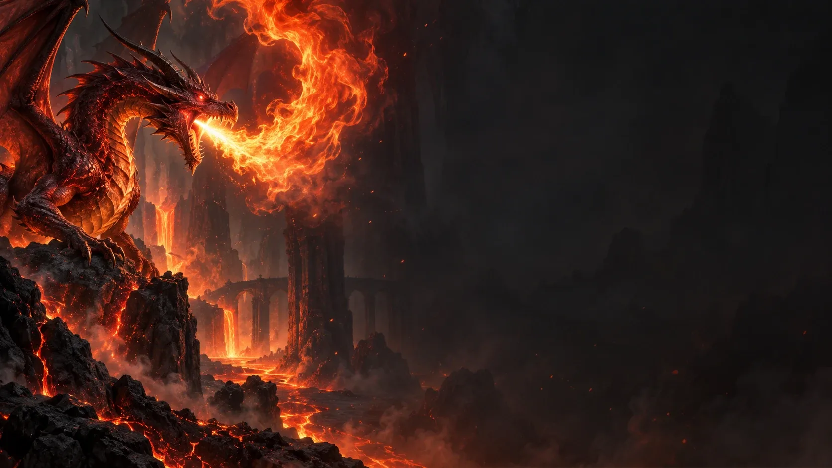 A red dragon breathing a spiral of fire from a lava-lit cliff in a volcanic cavern.