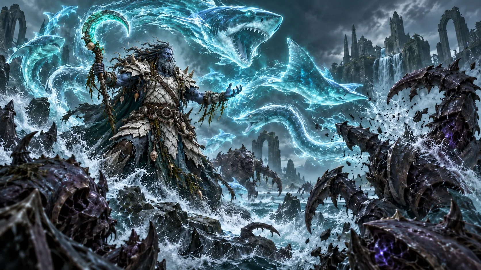 A sea druid with a crescent staff calls spectral sharks and rays out of crashing surf while chitinous horrors rise beside him.