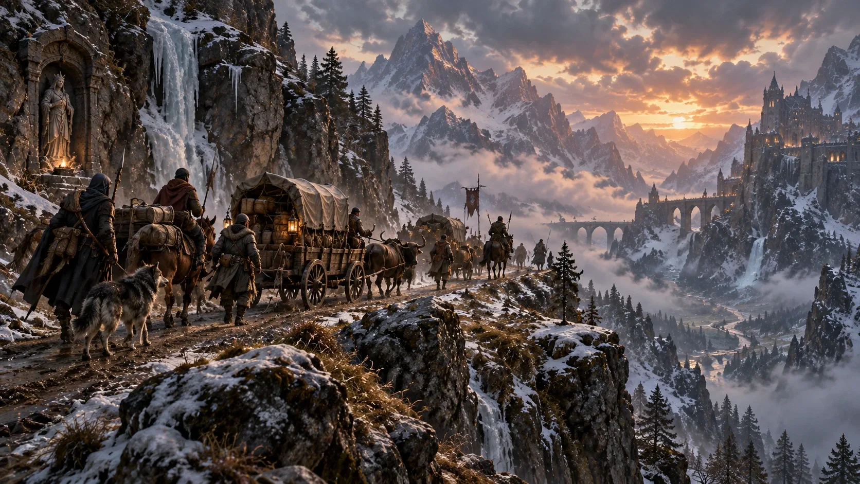 A caravan of wagons, riders and a wolf winds along a snowy mountain road toward a castle on a cliff.