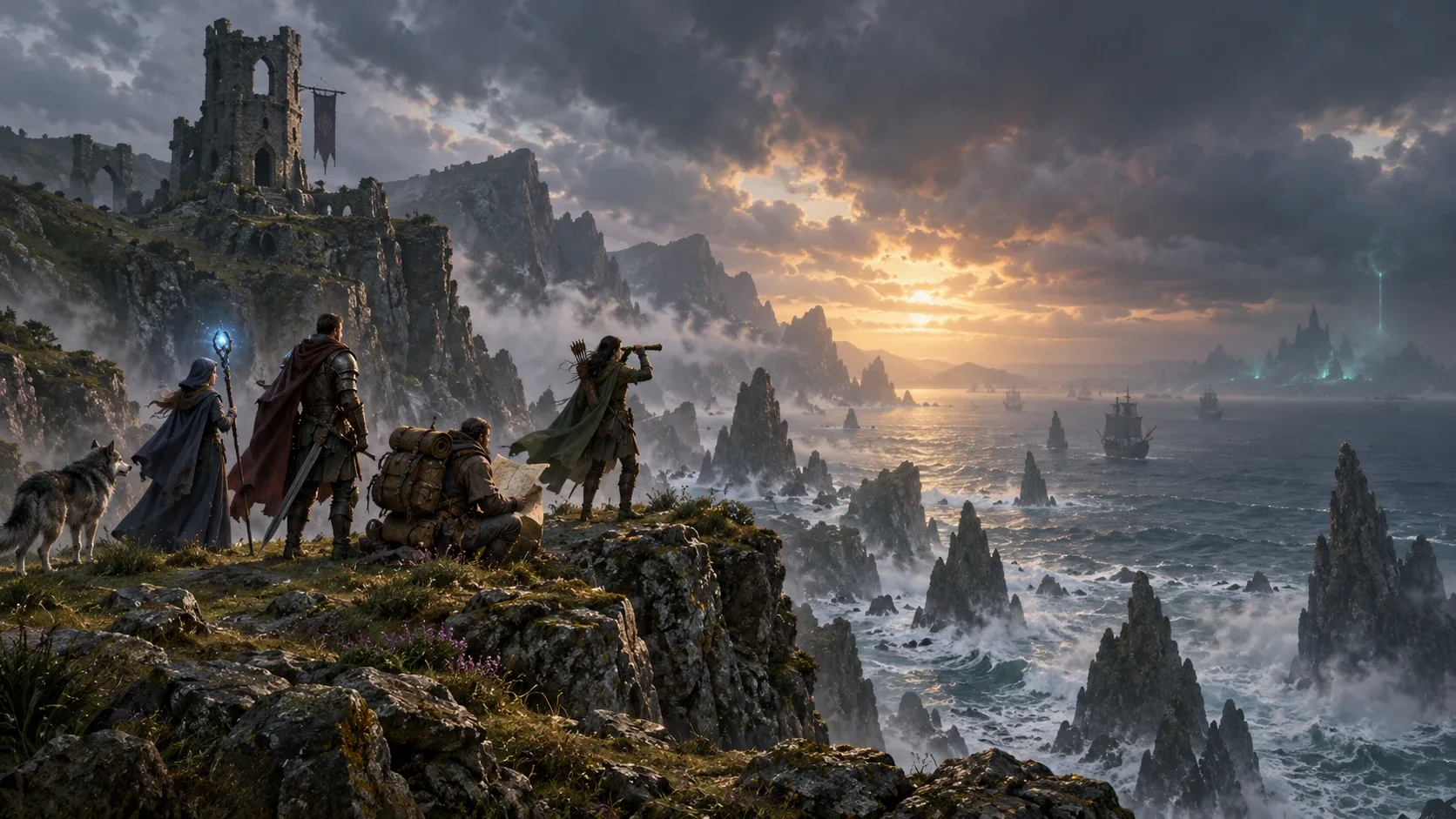 Adventurers and a wolf look out from a sea cliff past a ruined tower toward ships and a distant glowing city.