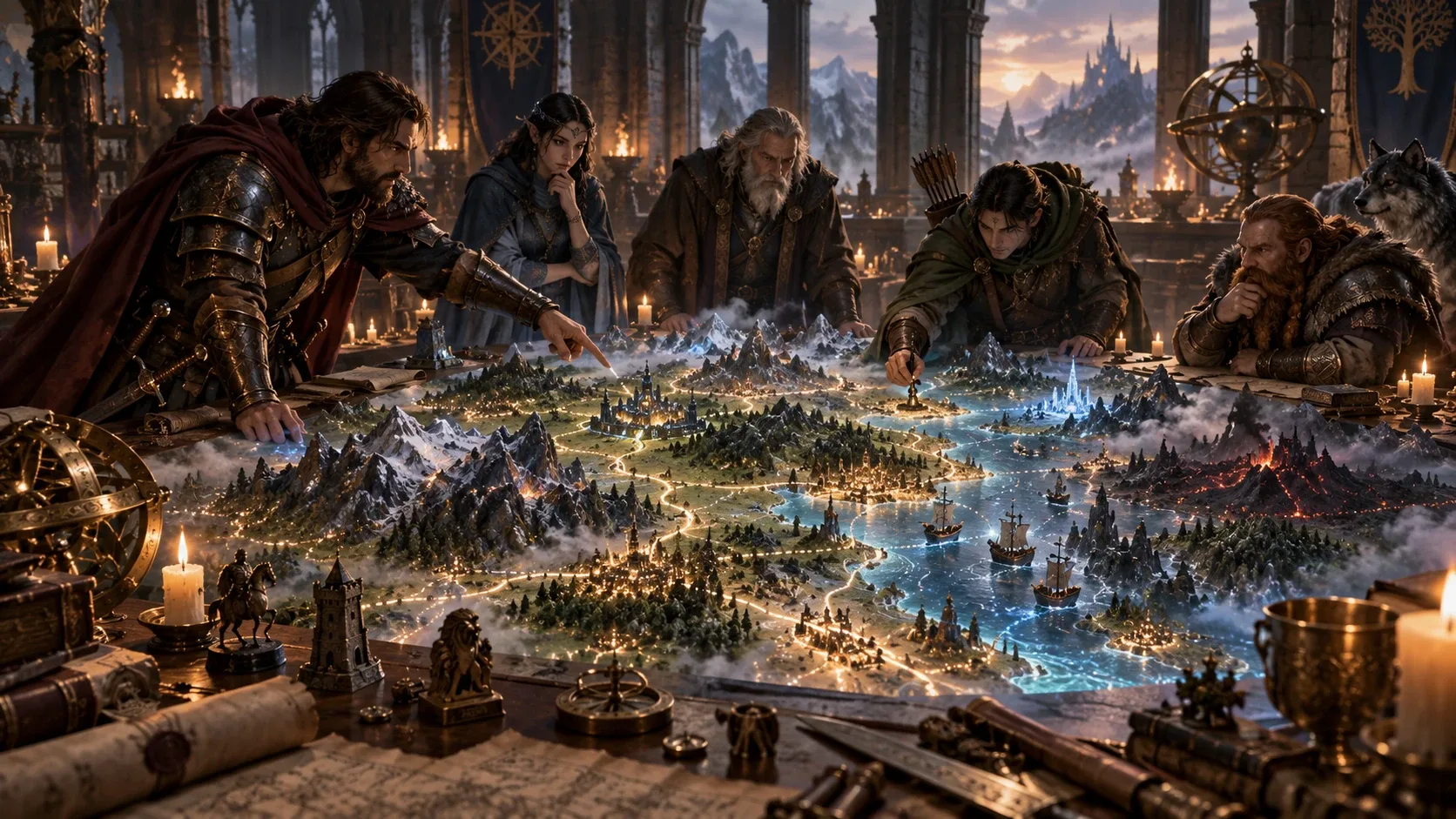 Five adventurers lean over a glowing relief map of a continent, tracing routes between cities, mountains and ships.