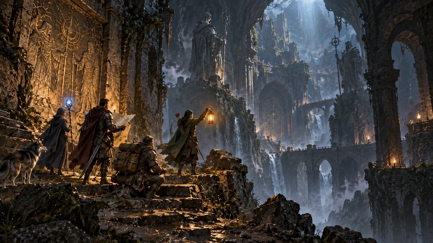 Adventurers descend ancient steps with a lantern and a map beneath carved reliefs and towering statues in a flooded ruin.