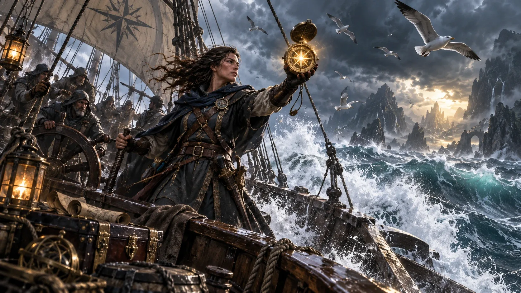A captain on a storm-tossed ship holds up a glowing compass while her crew works the wheel and the sails, beneath a sail marked with a compass rose.